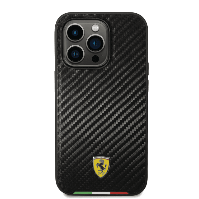 Ferrari HC PU Carbon Effect Case With Italian Flag Line For iPhone 14 Pro Max - Black [ FEHCP14XTABK ] - SW1hZ2U6MTM2OTUwNw==