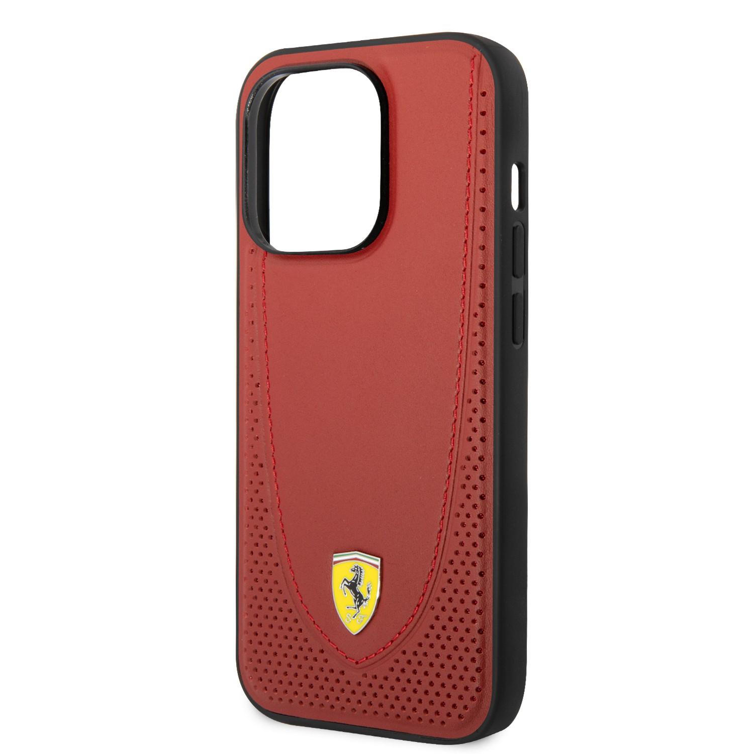 كفر ايفون 14 برو ماكس جلد صلب فيراري محبوك أحمر Ferrari Magsafe Leather Stitched Red Line Hard Case