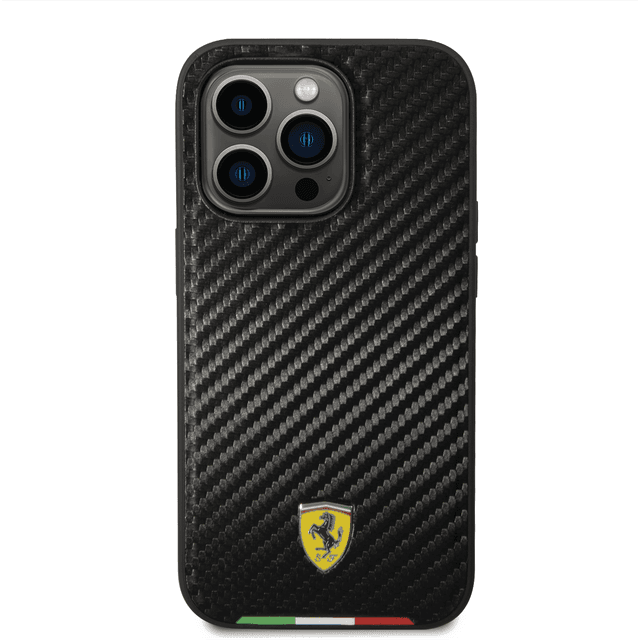 كفر ايفون 14 برو ماكس ماج سيف بولي يوثرين وكربون فيراري أسود Ferrari Magsafe PU Carbon Italy Flag Line Hard Case