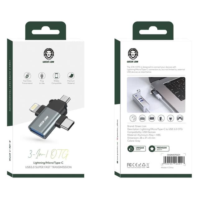 Green Lion Green 3 in 1 OTG ( Lightning / Micro / Type-C ) - Gray [ GN3IN1OTGGY ]