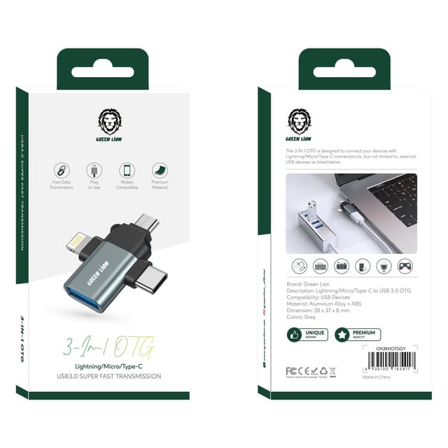 Green Lion Green 3 in 1 OTG ( Lightning / Micro / Type-C ) - Gray [ GN3IN1OTGGY ]