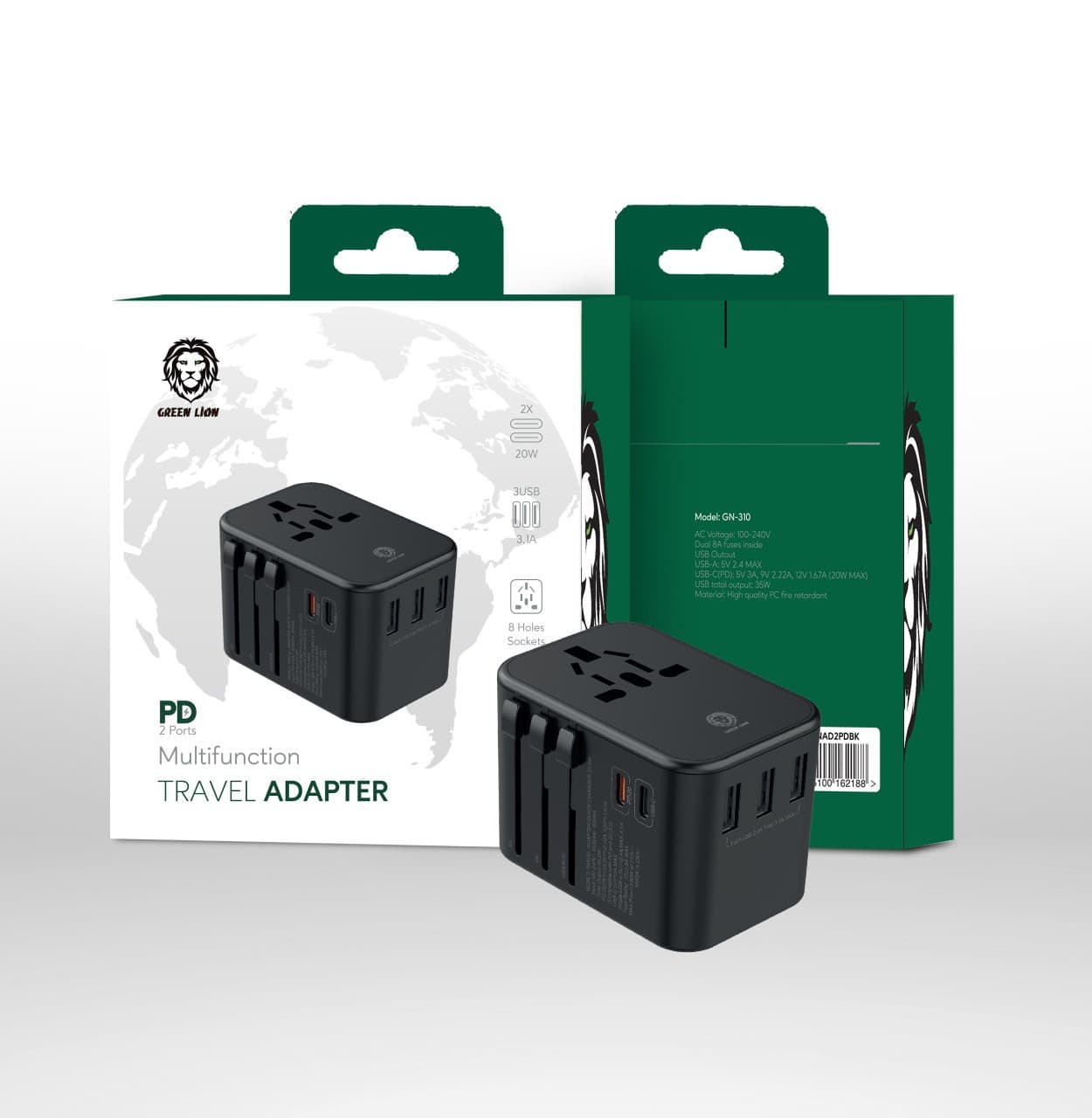 فيش السفر 3 منافذ 20 واط أسود جرين Green Multifunction Travel Adapter ( 3 USB Port / 2 USB-C ) PD 20W 