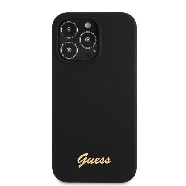 Guess Liquid Silicone Case With Gold Metal Logo Script For iPhone 13 Pro (6.1") - Black [ GUHCP13LLSLMGBK ] - SW1hZ2U6MTM4Mjk4MA==