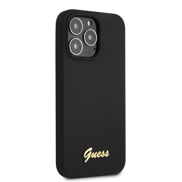 Guess Liquid Silicone Case With Gold Metal Logo Script For iPhone 13 Pro (6.1") - Black [ GUHCP13LLSLMGBK ] - SW1hZ2U6MTM4Mjk5MA==