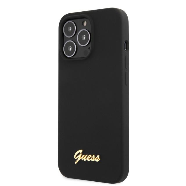 Guess Liquid Silicone Case With Gold Metal Logo Script For iPhone 13 Pro (6.1") - Black [ GUHCP13LLSLMGBK ] - SW1hZ2U6MTM4Mjk5NA==