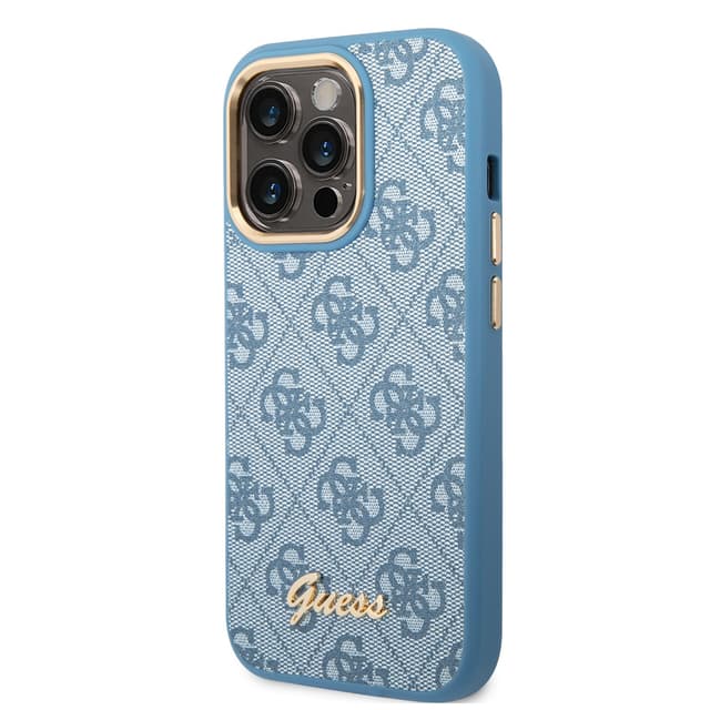 كفر ايفون 14 برو أزرق جيس Guess PC/TPU 4G PU Case With Metal Camera Outline & Buttons For iPhone 14 Pro Blue