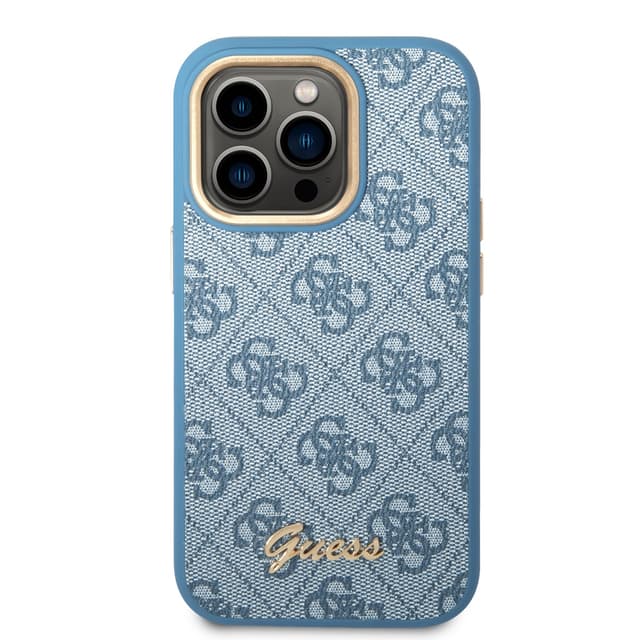 كفر ايفون 14 برو أزرق جيس Guess PC/TPU 4G PU Case With Metal Camera Outline & Buttons For iPhone 14 Pro Blue