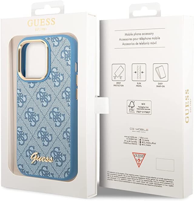 كفر ايفون 14 برو أزرق جيس Guess PC/TPU 4G PU Case With Metal Camera Outline & Buttons For iPhone 14 Pro Blue