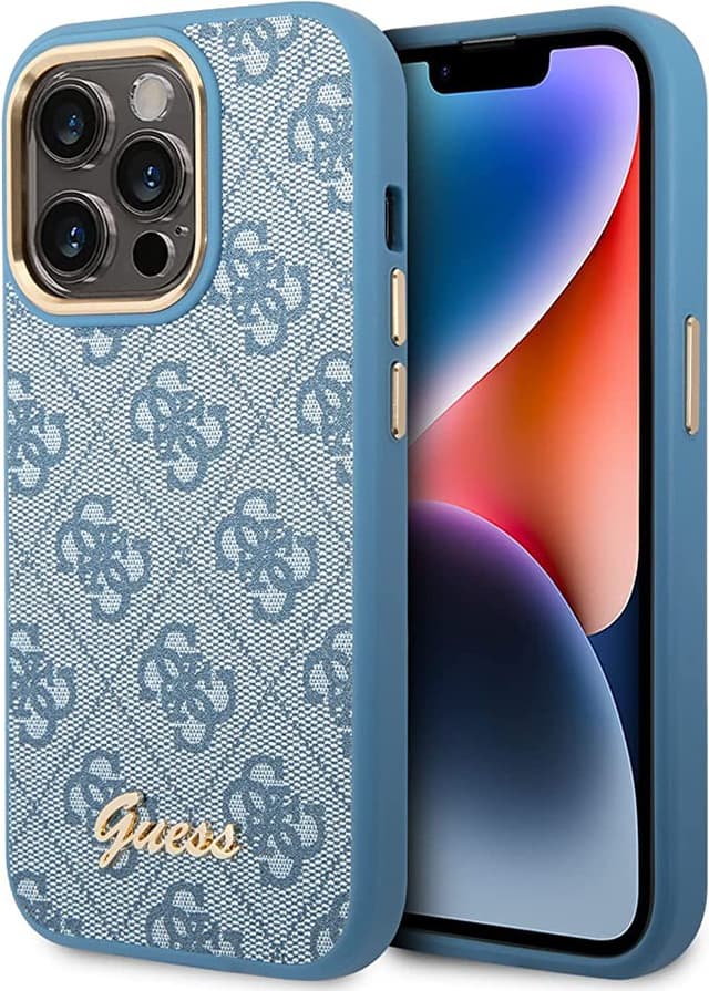 كفر ايفون 14 برو أزرق جيس Guess PC/TPU 4G PU Case With Metal Camera Outline & Buttons For iPhone 14 Pro Blue