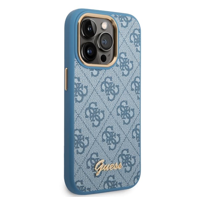 كفر ايفون 14 برو أزرق جيس Guess PC/TPU 4G PU Case With Metal Camera Outline & Buttons For iPhone 14 Pro Blue