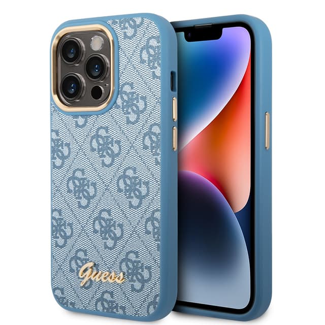 كفر ايفون 14 برو أزرق جيس Guess PC/TPU 4G PU Case With Metal Camera Outline & Buttons For iPhone 14 Pro Blue