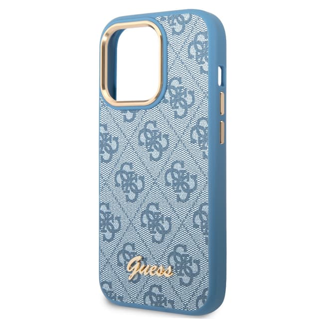 كفر ايفون 14 برو أزرق جيس Guess PC/TPU 4G PU Case With Metal Camera Outline & Buttons For iPhone 14 Pro Blue