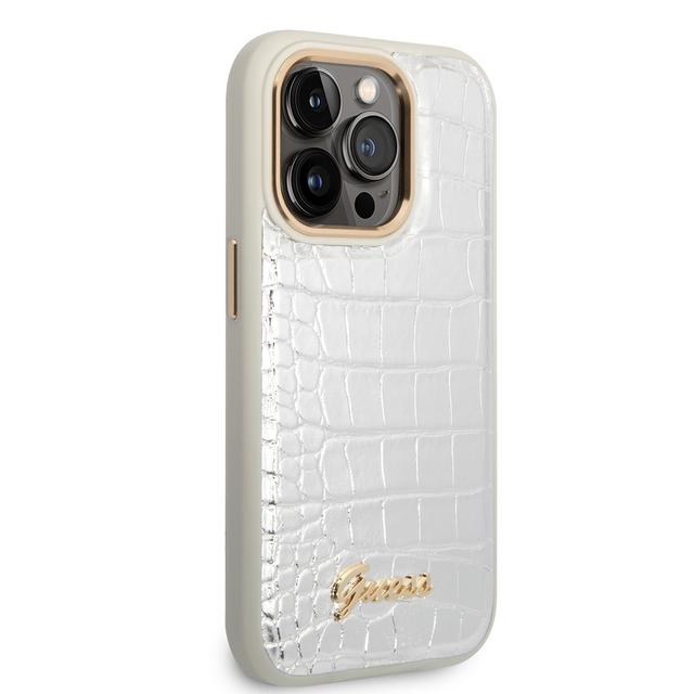 Guess Pu Croco Case With Metal Camera Outline For iPhone 14 Pro - Silver [ GUHCP14LHGCRHS ] - SW1hZ2U6MTM4NDMzMw==