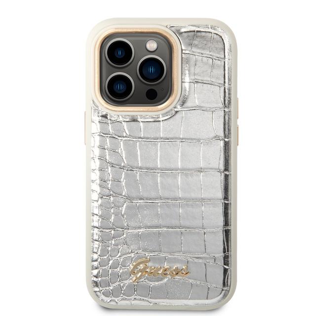 Guess Pu Croco Case With Metal Camera Outline For iPhone 14 Pro - Silver [ GUHCP14LHGCRHS ] - SW1hZ2U6MTM4NDM0MQ==