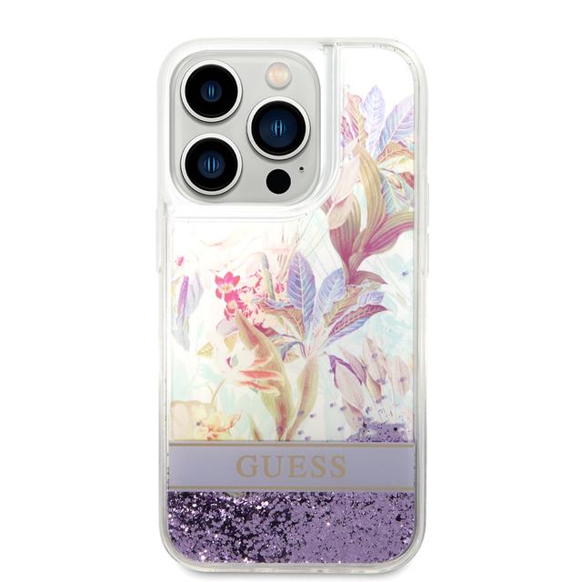 كفر ايفون 14 برو بنفسجي جيس Guess Liquid Glitter Case With Flower Pattern For iPhone 14 Pro Purple - SW1hZ2U6MTM4NDY4NA==