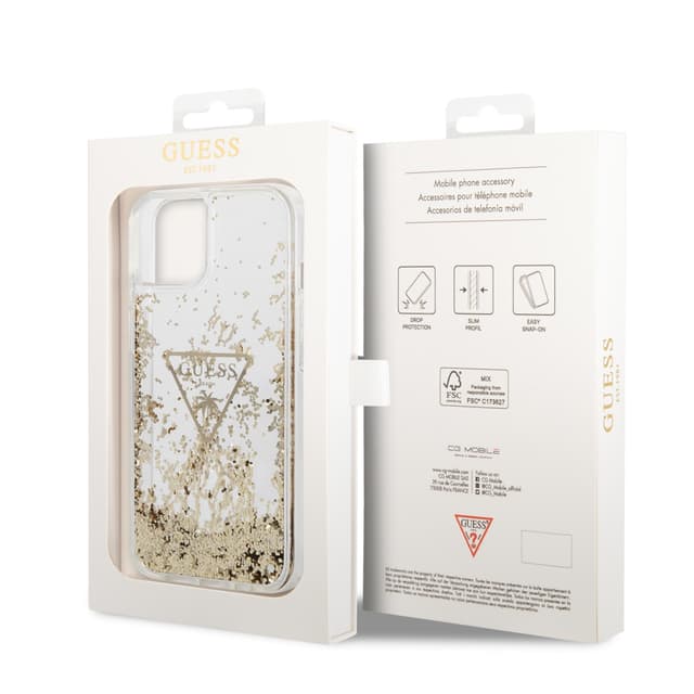 كفر ايفون 14 بلس شفاف جيس Guess Liquid Glitter Triangle Hard Case for iPhone 14 Plus Transparent