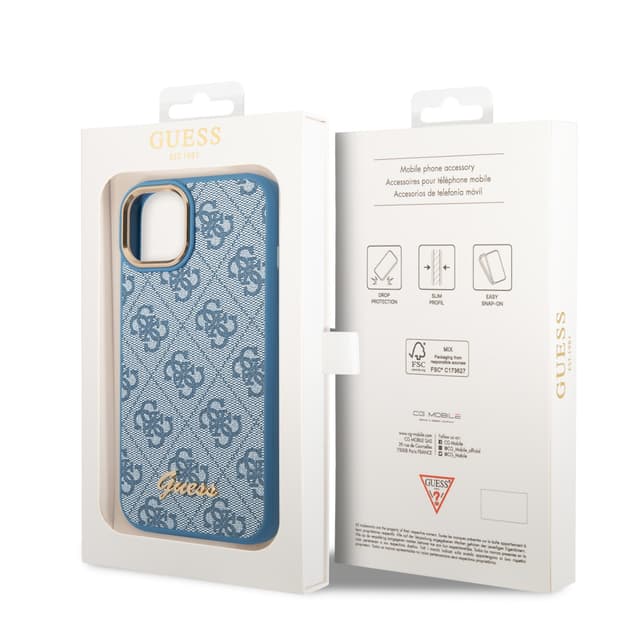 كفر ايفون 14 أزرق جيس Guess PC/TPU 4G PU Case With Metal Camera Outline & Buttons For iPhone 14 Blue