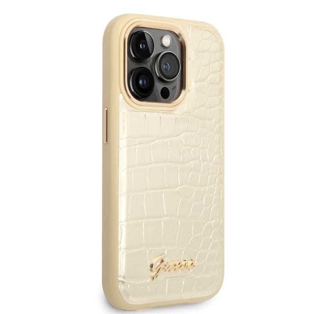 كفر ايفون 14 برو ماكس ذهبي جيس Guess Pu Croco Case With Metal Camera Outline For iPhone 14 Pro Max Gold