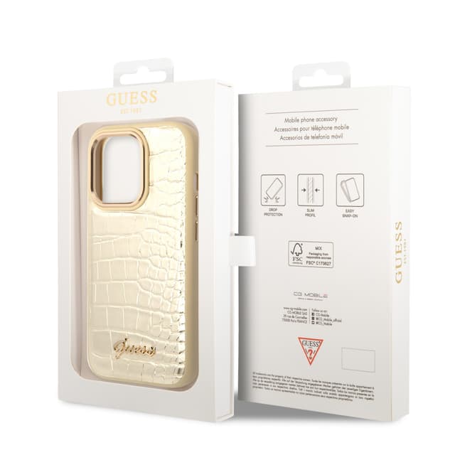 كفر ايفون 14 برو ماكس ذهبي جيس Guess Pu Croco Case With Metal Camera Outline For iPhone 14 Pro Max Gold