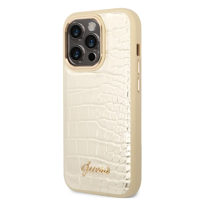 كفر ايفون 14 برو ماكس ذهبي جيس Guess Pu Croco Case With Metal Camera Outline For iPhone 14 Pro Max Gold