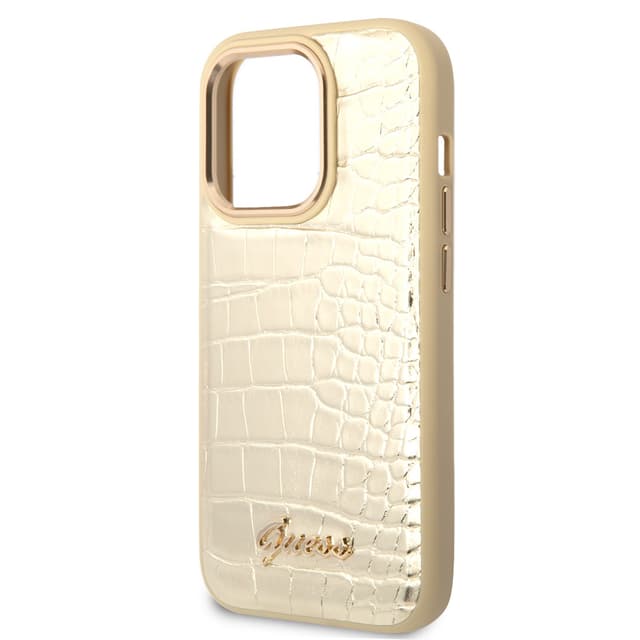 كفر ايفون 14 برو ماكس ذهبي جيس Guess Pu Croco Case With Metal Camera Outline For iPhone 14 Pro Max Gold