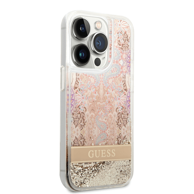 Guess Liquid Glitter Case With Flower Pattern For iPhone 14 Pro Max - Gold [ GUHCP14XLFLSD ] - SW1hZ2U6MTM4NTc1Ng==