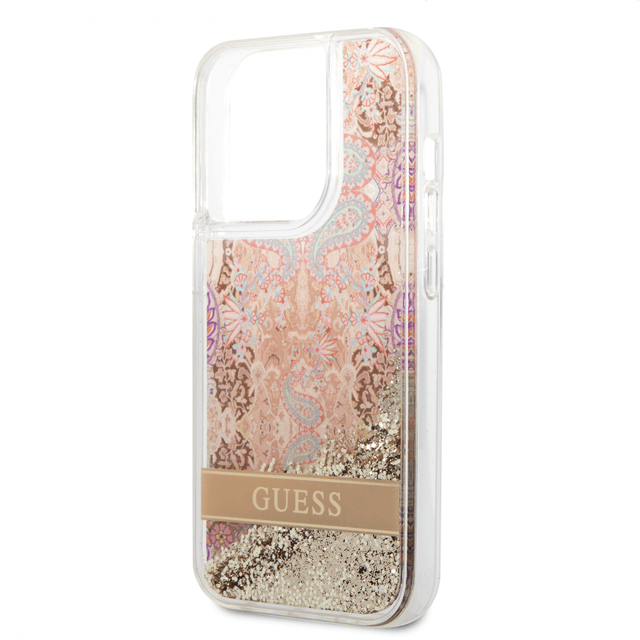 Guess Liquid Glitter Case With Flower Pattern For iPhone 14 Pro Max - Gold [ GUHCP14XLFLSD ] - SW1hZ2U6MTM4NTc2OA==