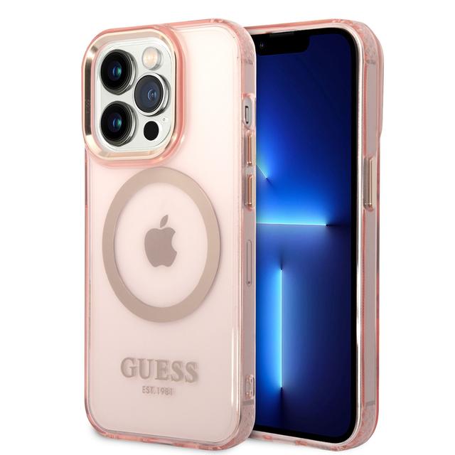 Guess Magsafe Case With Translucent Gold Outline For iPhone 14 Pro - Pink [ GUHMP14LHTCMP ] - SW1hZ2U6MTM4NDk3Mw==