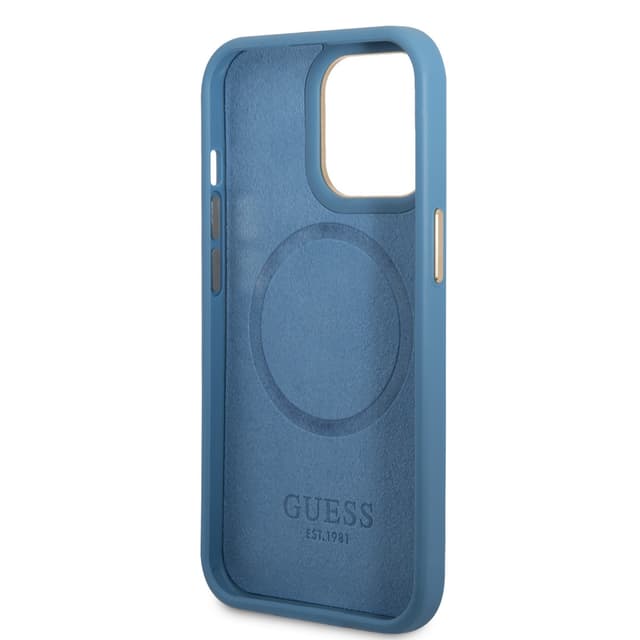 كفر ايفون 14 برو ماكس ماغ سيف أزرق جيس Guess Magsafe 4G PU Case With Metal Plate Logo For iPhone 14 Pro Max Blue