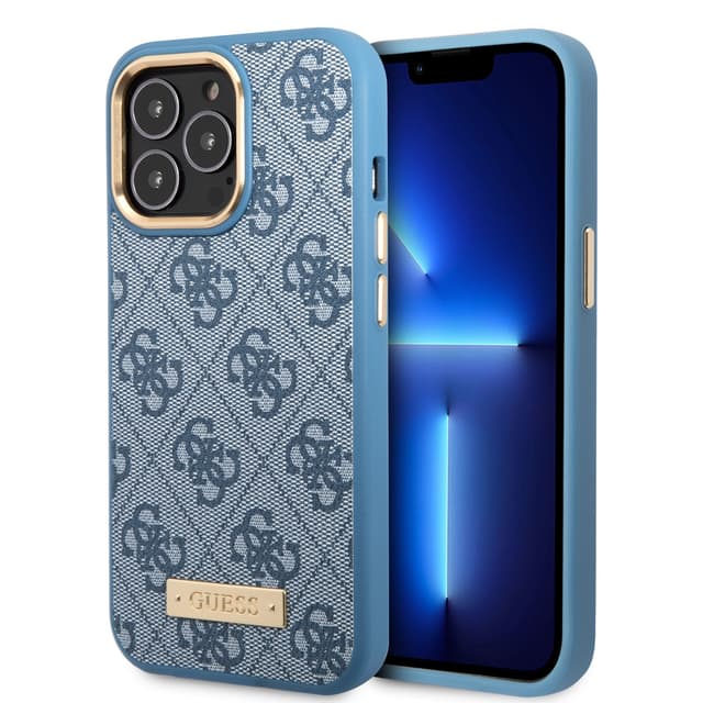 كفر ايفون 14 برو ماكس ماغ سيف أزرق جيس Guess Magsafe 4G PU Case With Metal Plate Logo For iPhone 14 Pro Max Blue