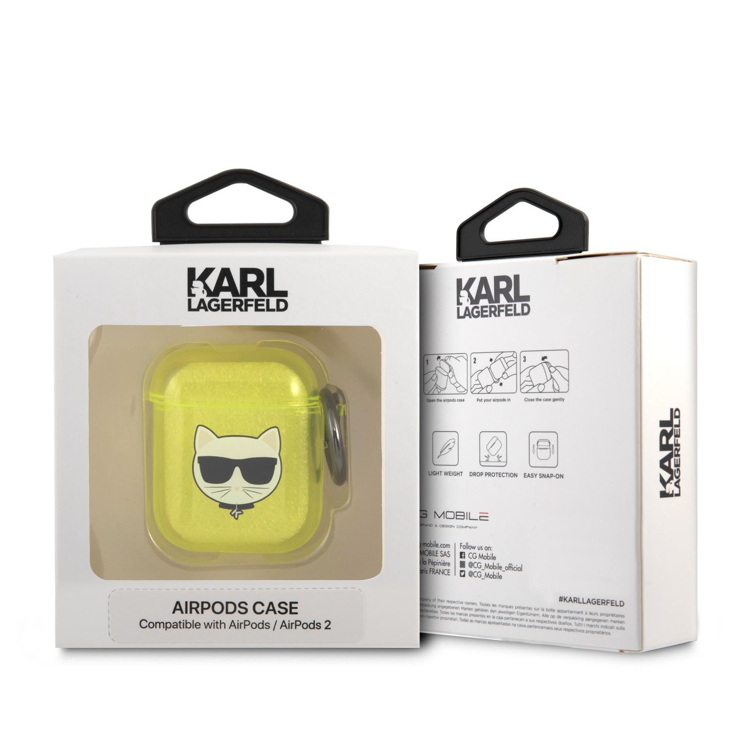 جراب سماعات ابل ايربودز 1 و 2 بلاستيكي لون أصفر من كارل لاغرفيلد Karl Lagerfeld TPU Choupette Fluo Case for Apple Airpods