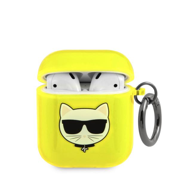 جراب سماعات ابل ايربودز 1 و 2 بلاستيكي لون أصفر من كارل لاغرفيلد Karl Lagerfeld TPU Choupette Fluo Case for Apple Airpods