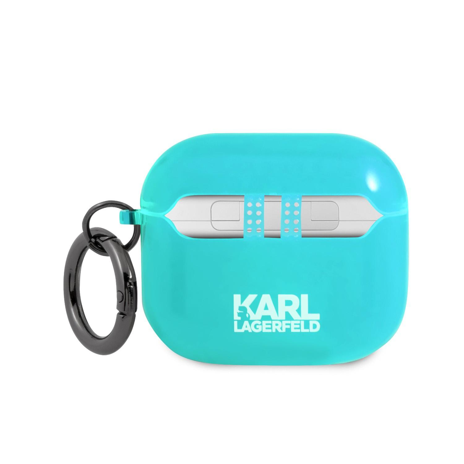 جراب سماعات ابل ايربودز 3 بلاستيكي لون أزرق من كارل لاغرفيلد Karl Lagerfeld TPU Choupette Fluo Case for Apple Airpods 3