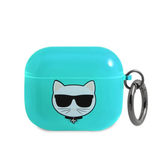 جراب سماعات ابل ايربودز 3 بلاستيكي لون أزرق من كارل لاغرفيلد Karl Lagerfeld TPU Choupette Fluo Case for Apple Airpods 3