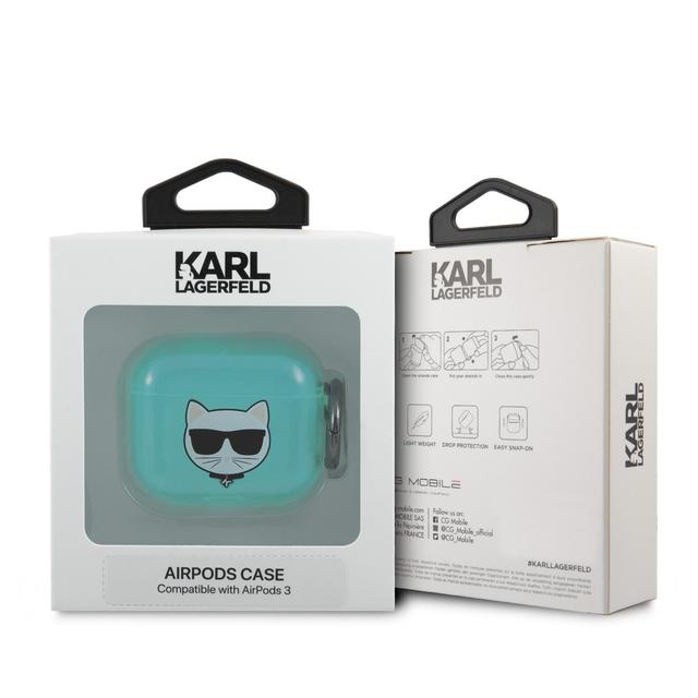 جراب سماعات ابل ايربودز 3 بلاستيكي لون أزرق من كارل لاغرفيلد Karl Lagerfeld TPU Choupette Fluo Case for Apple Airpods 3