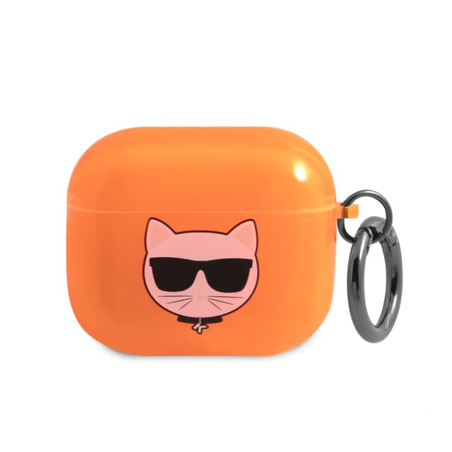 جراب سماعات ابل ايربودز 3 بلاستيكي لون برتقالي من كارل لاغرفيلد Karl Lagerfeld TPU Choupette Fluo Case for Apple Airpods 3