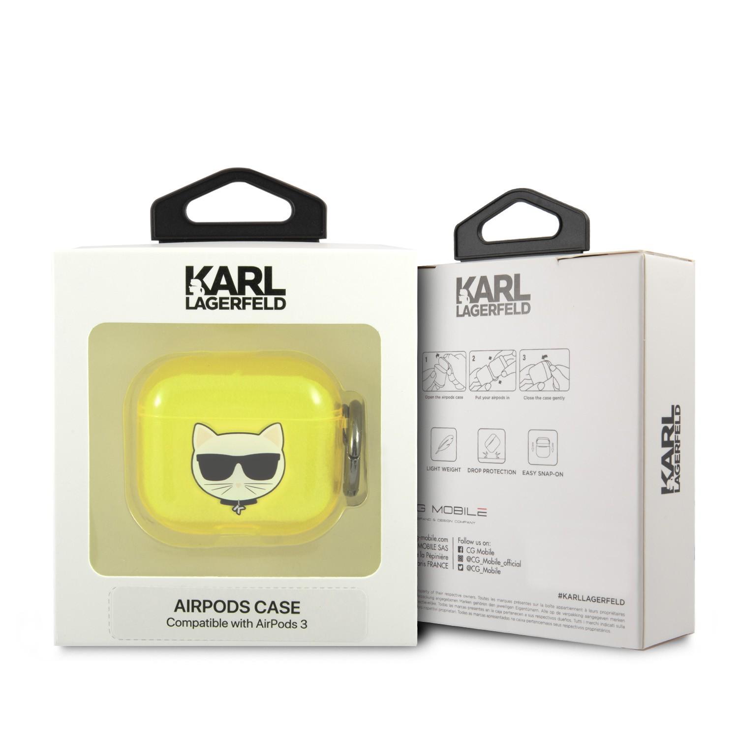 جراب سماعات ابل ايربودز 3 بلاستيكي لون أصفر من كارل لاغرفيلد Karl Lagerfeld TPU Choupette Fluo Case for Apple Airpods 3