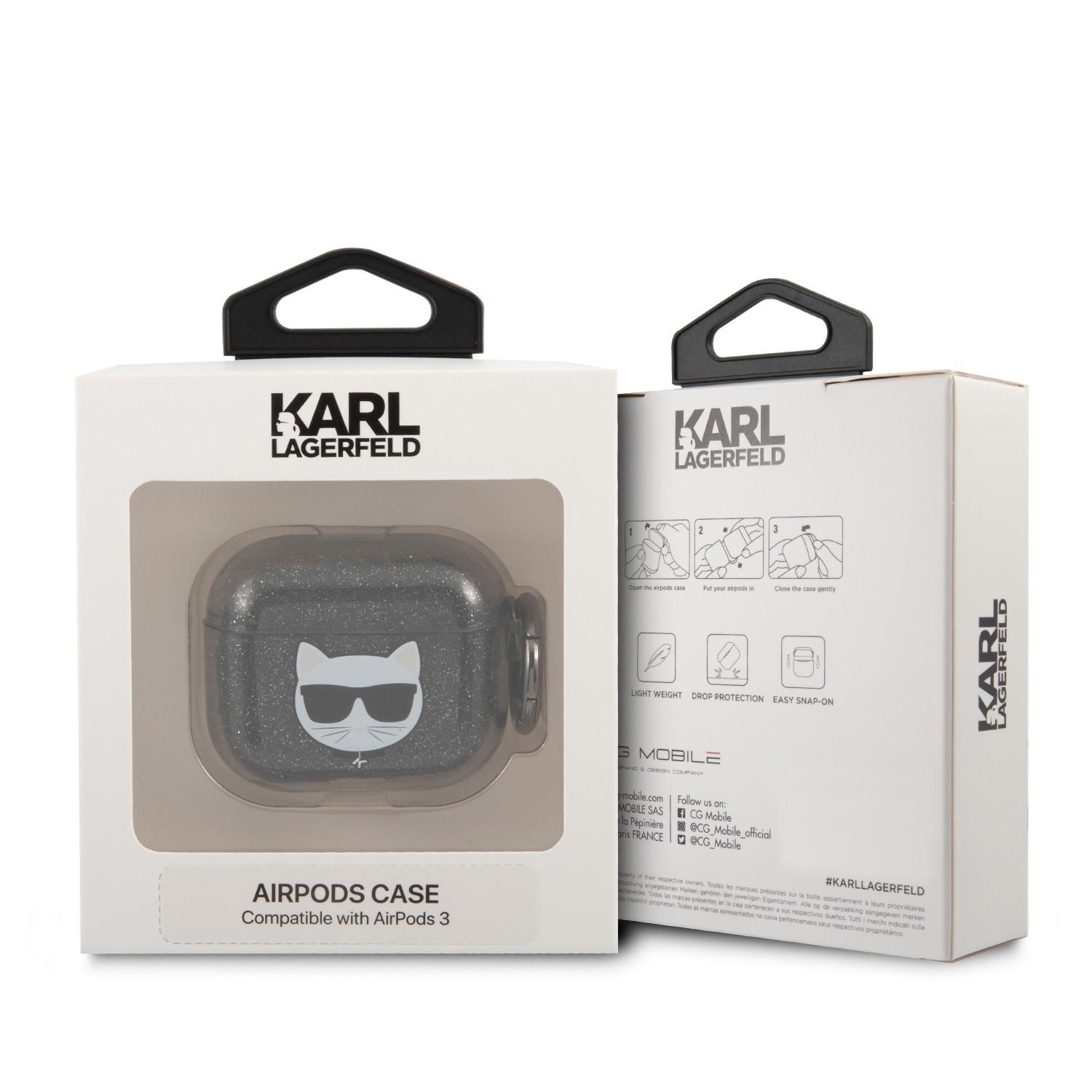 جراب سماعات ابل ايربودز 3 بلاستيكي لامع لون أسود من كارل لاغرفيلد Karl Lagerfeld TPU Choupette Glitter Case for Apple Airpods 3