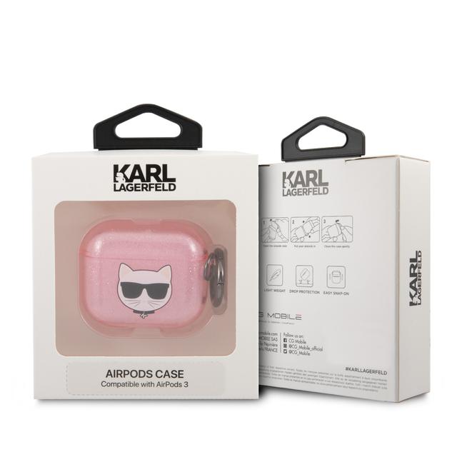 جراب سماعات ابل ايربودز 3 بلاستيكي لامع لون وردي من كارل لاغرفيلد Karl Lagerfeld TPU Choupette Glitter Case for Apple Airpods 3