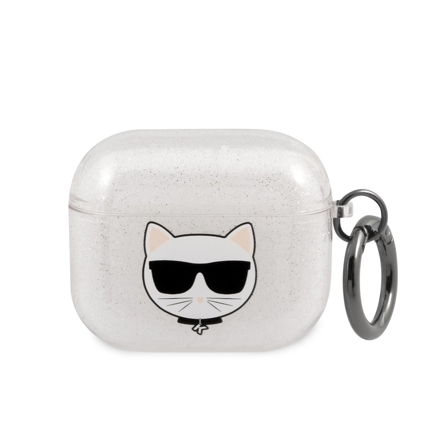 جراب سماعات ابل ايربودز 3 بلاستيكي لامع لون فضي من كارل لاغرفيلد Karl Lagerfeld TPU Choupette Glitter Case for Apple Airpods 3