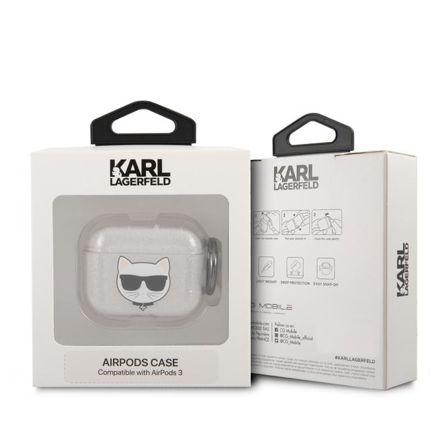 جراب سماعات ابل ايربودز 3 بلاستيكي لامع لون فضي من كارل لاغرفيلد Karl Lagerfeld TPU Choupette Glitter Case for Apple Airpods 3