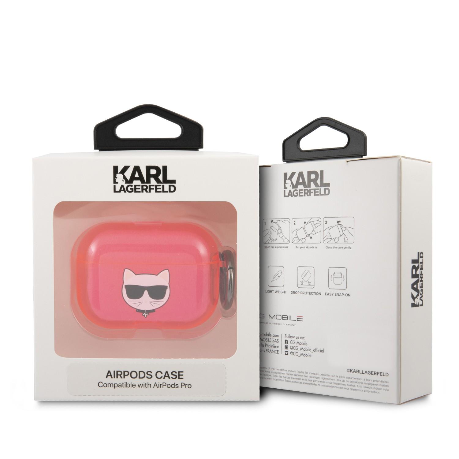 جراب سماعات ابل ايربودز برو بلاستيكي لون وردي من كارل لاغرفيلد Karl Lagerfeld TPU Choupette Fluo Case for Apple Airpods Pro