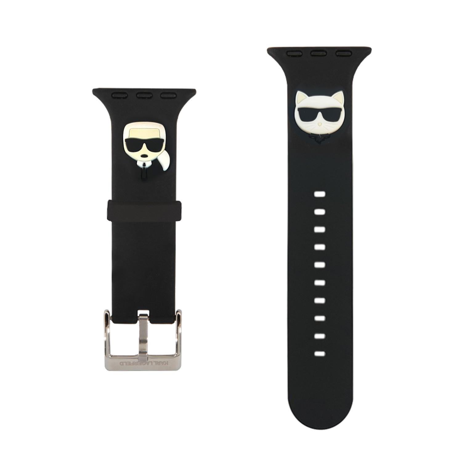 سير ساعة ابل 42 و 44 مم سيليكون لون أسود من كارل لاغرفيلد Karl Lagerfeld Strap Silicone Karl & Choupette Head Logo for Apple Watch