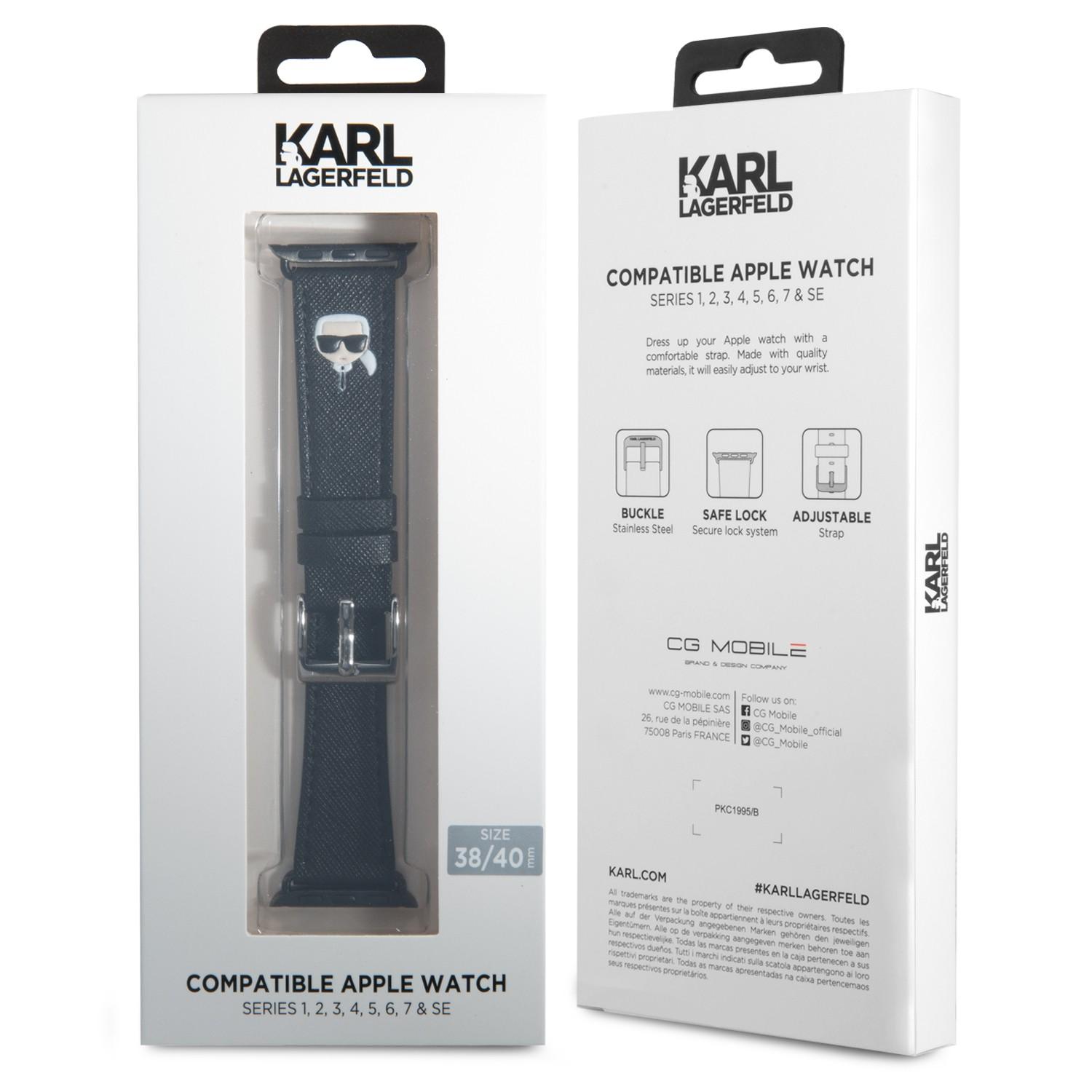 Karl Lagerfeld Strap PU Saffiano Karl Head Logo For Apple Watch 38/40MM - Black [ KLAWMOKHK ]