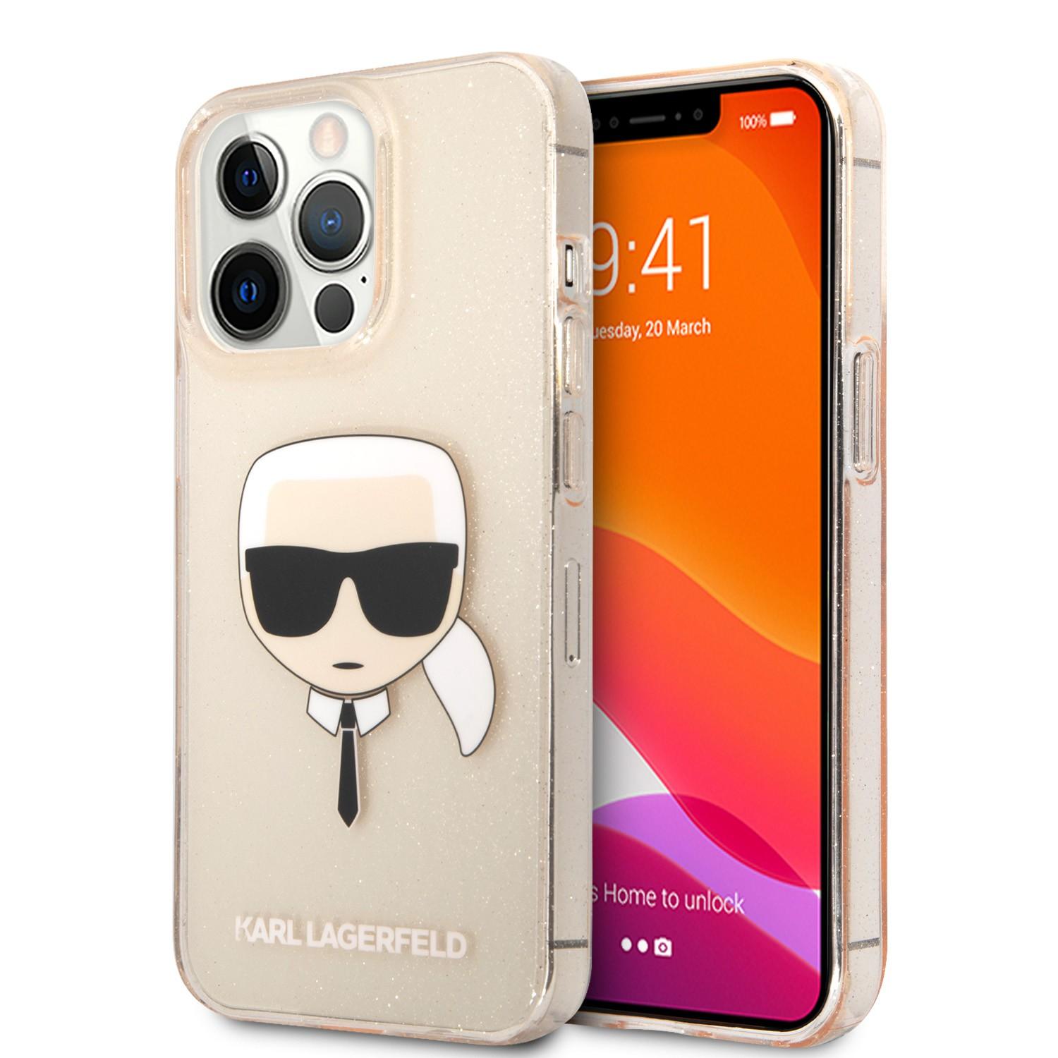 كفر جوال ايفون 13 برو سيليكون شفاف لامع بالكامل لون ذهبي من كارل لاغرفيلد Karl Lagerfeld TPU Full Glitter Karl Head Case For iPhone 13 Pro