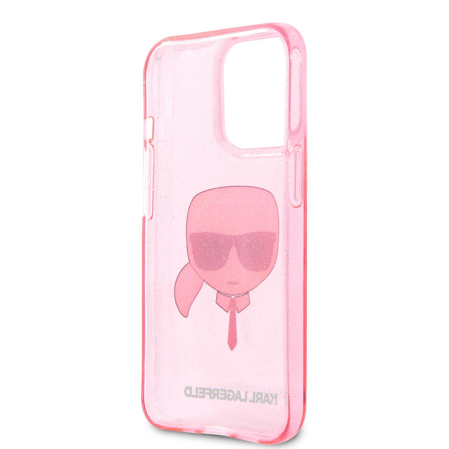 كفر جوال ايفون 13 برو شفاف لامع بالكامل لون وردي من كارل لاغرفيلد Karl Lagerfeld TPU Full Glitter Karl Head Case For iPhone 13 Pro