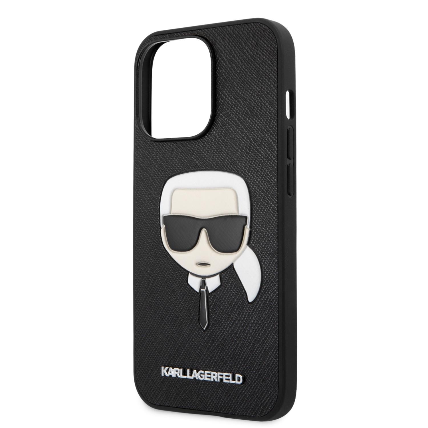 كفر جوال ايفون 13 برو سافيانو لون أسود من كارل لاغرفيلد Karl Lagerfeld PU Saffiano Case With Embossed Karl`s Head For iPhone 13 Pro