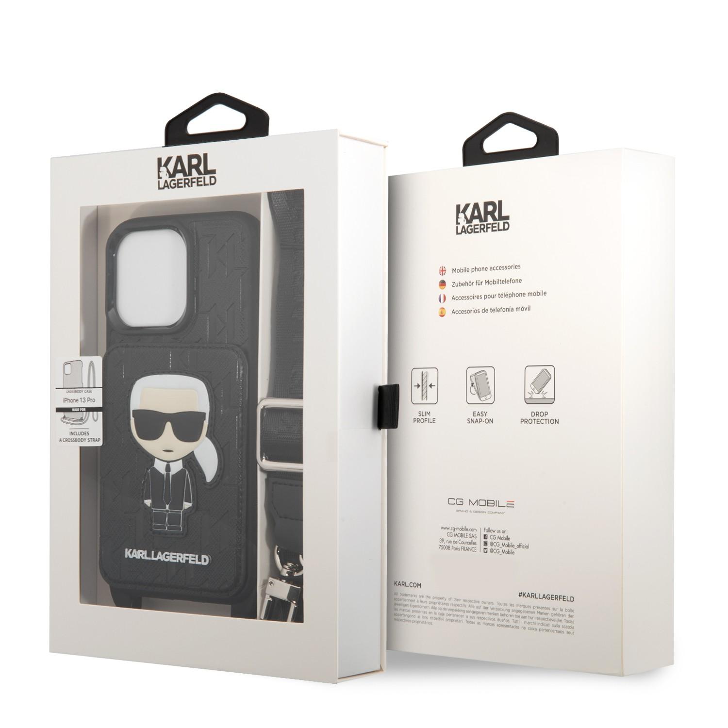 كفر جوال ايفون 13 برو ايكونيك مع حزام وحافظة بطاقات لون أسود من كارل لاغرفيلد Karl Lagerfeld Monogram Hard Case with Card Holder & Metal Ikonik For iPhone 13 Pro