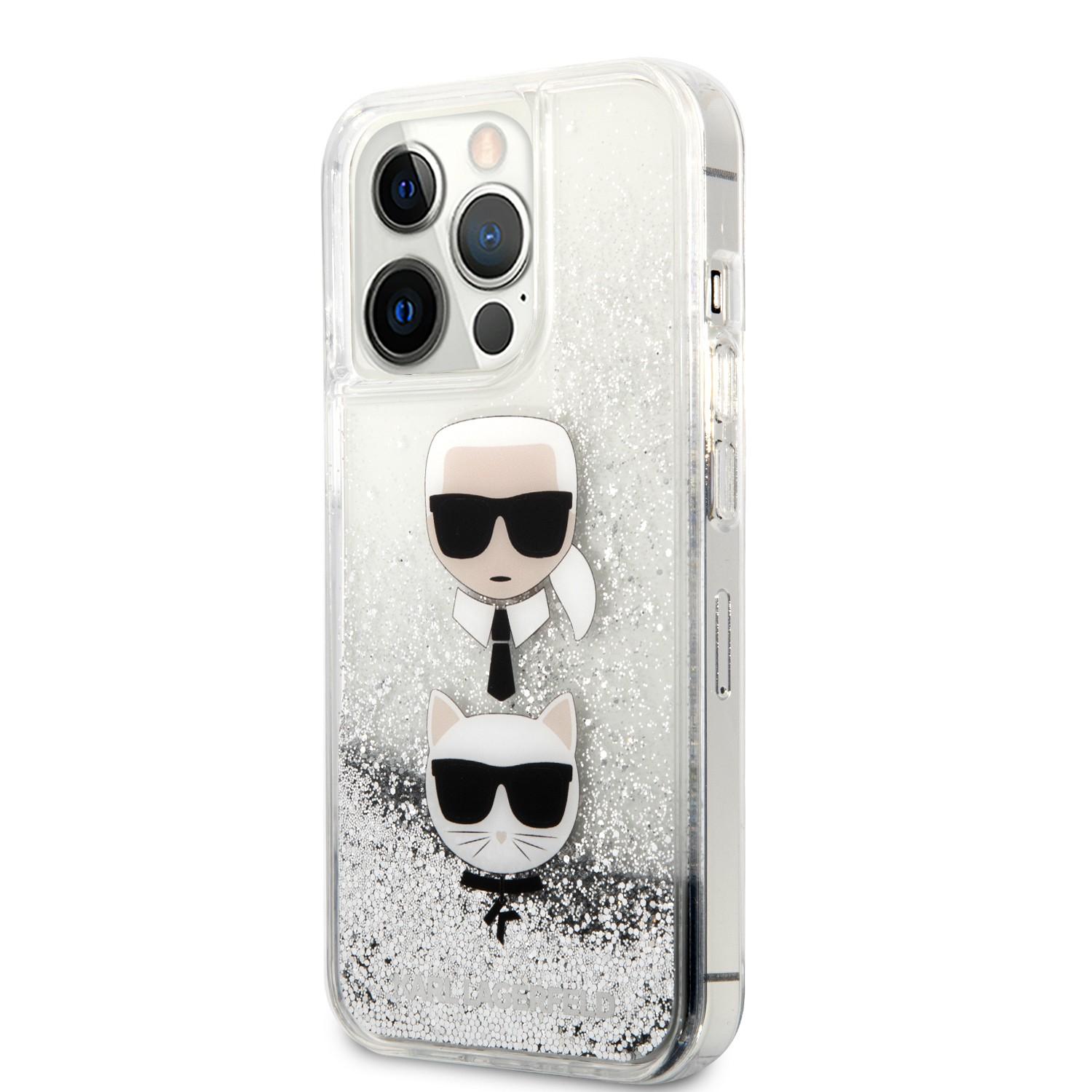 كفر جوال ايفون 13 برو ماكس سيليكون شفاف لامع لون فضي من كارل لاغرفيلد Karl Lagerfeld Liquid Glitter Case And Karl And Choupette Head For iPhone 13 Pro Max