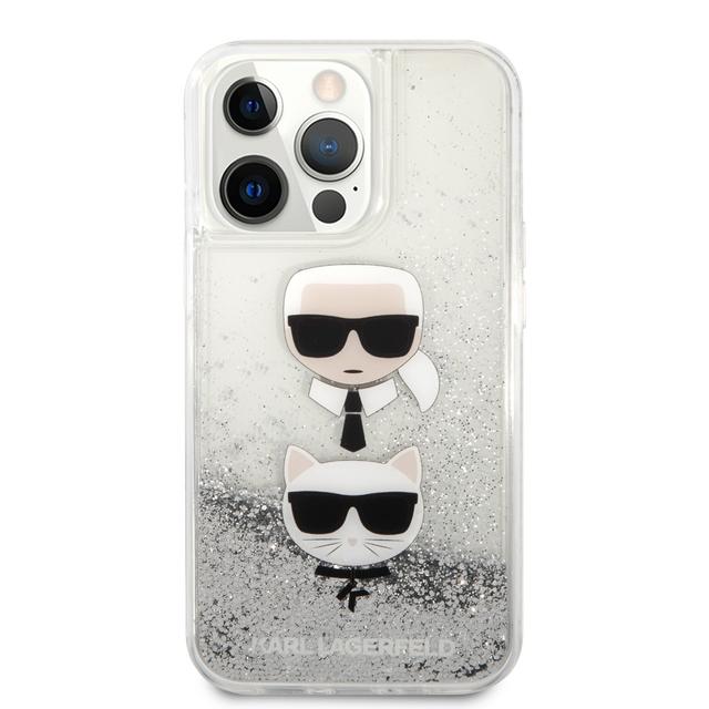 كفر جوال ايفون 13 برو ماكس سيليكون شفاف لامع لون فضي من كارل لاغرفيلد Karl Lagerfeld Liquid Glitter Case And Karl And Choupette Head For iPhone 13 Pro Max